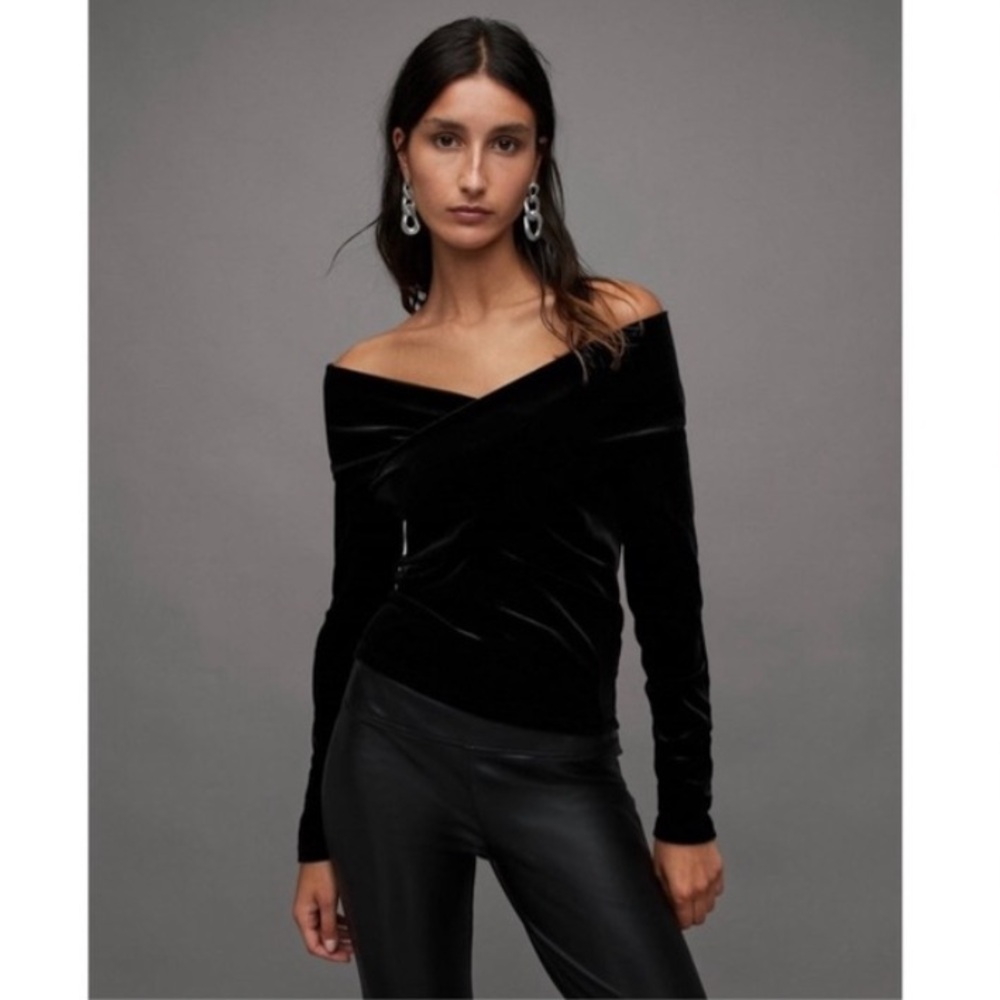 All Saints “Delta” Black Velvet Off-Shoulder Blouse